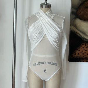 Badgley Mischka Sport White Mesh Long Sleeve Leotard